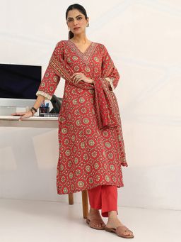 Gerua By Libas - Coral Cotton Blend Floral Kurta with Trouser and Dupatta