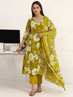 Gerua By Libas - Green Cotton Blend Floral Kurta with Trouser and Dupatta