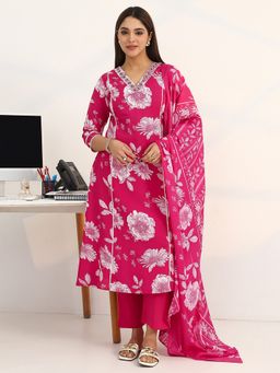 Gerua By Libas - Pink Cotton Blend Floral Kurta with Trouser and Dupatta