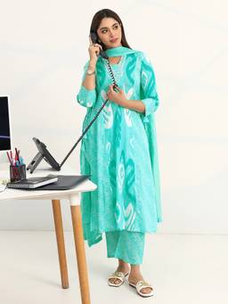 Gerua By Libas - Blue Cotton Blend Abstract Kurta with Trouser and Dupatta
