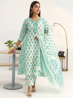 Gerua By Libas - White Floral Printed Cotton Blend A-Line Suit Set With Dupatta