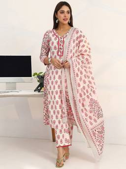 Gerua By Libas - White Floral Printed Cotton Blend A-Line Suit Set With Dupatta