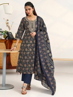 Gerua By Libas - Navy Blue Cotton Blend Floral Kurta with Trouser and Dupatta