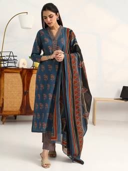 Gerua By Libas - Blue Cotton Blend Floral Kurta with Trouser and Dupatta