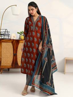 Gerua By Libas - Rust Cotton Blend Floral Kurta with Trouser and Dupatta