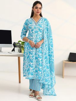 Gerua By Libas - Blue Cotton Blend Floral Kurta with Trouser and Dupatta