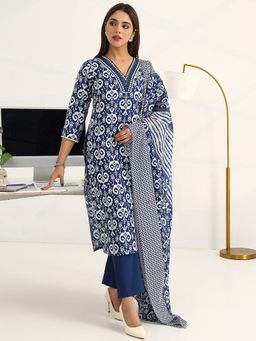 Gerua By Libas - Blue Cotton Blend Abstract Kurta with Trouser and Dupatta
