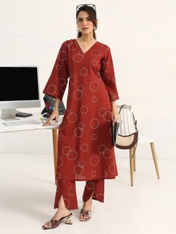 Gerua By Libas - Rust Cotton Blend Geometric Kurta with Trouser