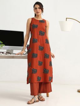 Gerua By Libas - Rust Cotton Blend Animal Print Kurta with Palazzo