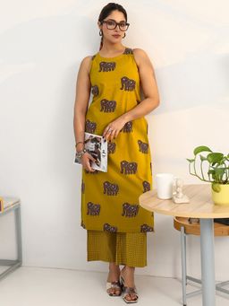 Gerua By Libas - Mustard Cotton Blend Animal Print Kurta with Palazzo