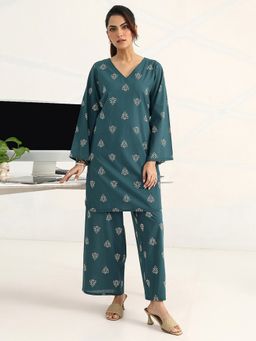 Gerua By Libas - Blue Cotton Blend Abstract Kurta with Palazzo