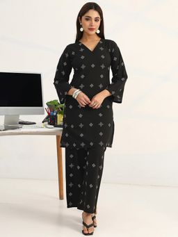 Gerua By Libas - Black Cotton Blend Geometric Kurta with Palazzo