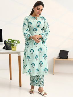 Gerua By Libas - Blue Cotton Blend Floral Kurta with Trouser