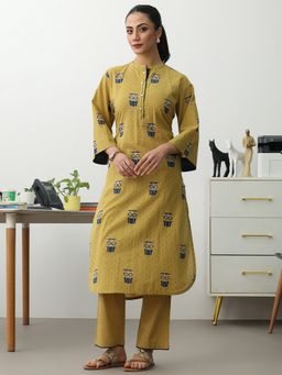 Gerua By Libas - Mustard Cotton Blend Abstract Kurta with Trouser