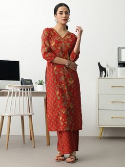 Gerua By Libas - Rust Cotton Blend Floral Kurta with Trouser