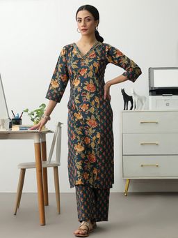 Gerua By Libas - Navy Blue Cotton Blend Floral Kurta with Trouser
