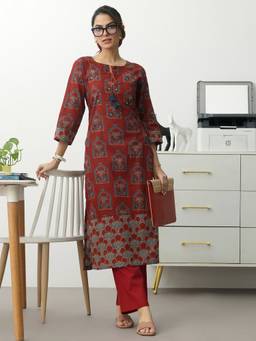 Gerua By Libas - Rust Cotton Blend Abstract Kurta with Trouser