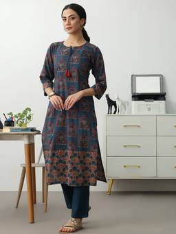 Gerua By Libas - Blue Cotton Blend Abstract Kurta with Trouser