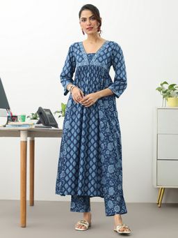 Gerua By Libas - Blue Cotton Blend Abstract Kurta with Trouser