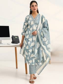 Gerua By Libas - Grey Floral Printed Cotton Blend Straight Suit Set With Dupatta