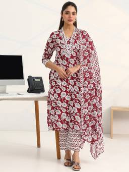 Gerua By Libas - Maroon Floral Printed Cotton Blend Straight Suit Set With Dupatta