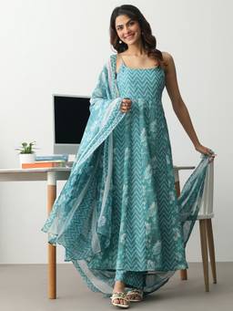 Gerua By Libas - Blue Chevron Printed Cotton Blend Anarkali Suit Set With Dupatta