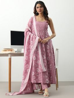 Gerua By Libas - Mauve Cotton Blend Geometric Anarkali Kurta with Trouser and Dupatta