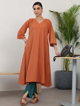 Gerua By Libas - Rust Cotton Blend Stripes Kurta with Trouser