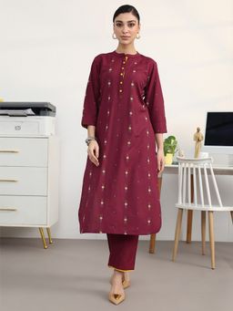 Gerua By Libas - Maroon Cotton Blend Abstract Kurta with Trouser