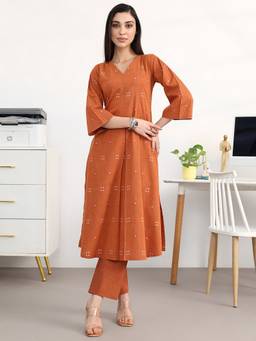 Gerua By Libas - Rust Cotton Blend Geometric Kurta with Trouser