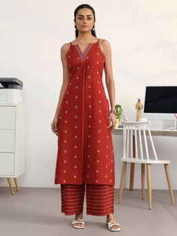 Gerua By Libas - Red Cotton Blend Abstract Kurta with Palazzo