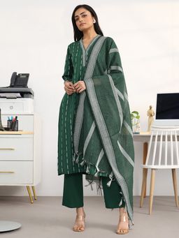 Gerua By Libas - Green Cotton Blend Stripes Kurta with Trouser and Dupatta