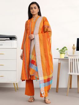 Gerua By Libas - Orange Cotton Blend Stripes Kurta with Trouser and Dupatta