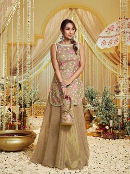 INDDUS - Gold Floral Thread Embroidered Kurti with Palazzo