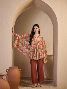 INDDUS - Rust Floral Printed Pleated Kaftan with Inner and Pant