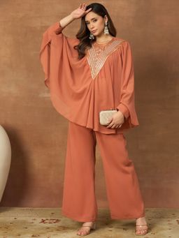 INDDUS - Peach Sequinned Embroidered Yoke Design Co-Ord Set