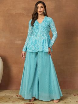 INDDUS - Turquoise Floral Printed Pleated Co-Ord Set