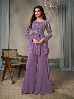 INDDUS - Purple Multithread Embroidered Kurti with Sharara