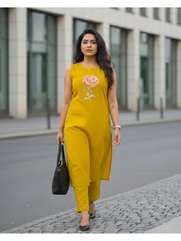 Moora - Yellow Cotton Flex Embroidered Kurta with Pant