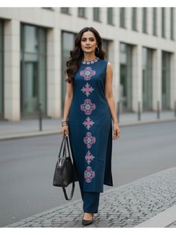 Moora - Blue Cotton Flex Embroidered Kurta with Pant