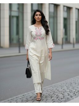 Moora - Off White Cotton Flex Embroidered Kurta with Pant