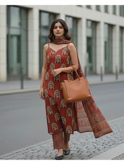 Moora - Maroon Cambric Printed Kurta with Pant and Dupatta