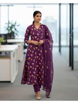 Moora - Purple Cambric Floral Kurta with Pant and Dupatta