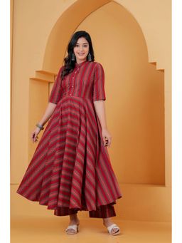 NYPA - Red Cotton Geometric Anarkali Kurta with Pant