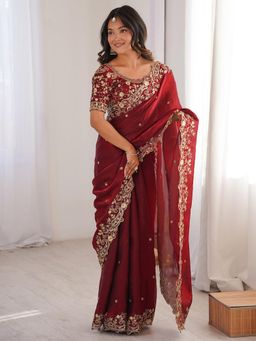 Kalista Fashion - Red Satin Embroidered Saree with Stitched Blouse