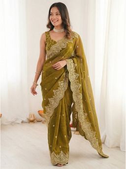 Kalista Fashion - Green Organza Embroidered Saree with Unstitched Blouse