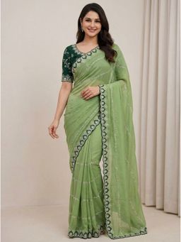 Kalista Fashion - Green Georgette Embroidered Saree with Unstitched Blouse