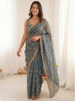 Kalista Fashion - Grey Chiffon Embroidered Saree with Unstitched Blouse
