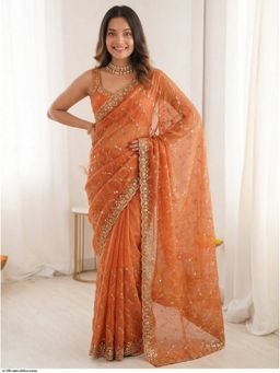 Kalista Fashion - Orange Chiffon Embroidered Saree with Unstitched Blouse