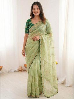Kalista Fashion - Green Organza Embroidered Saree with Stitched Blouse
